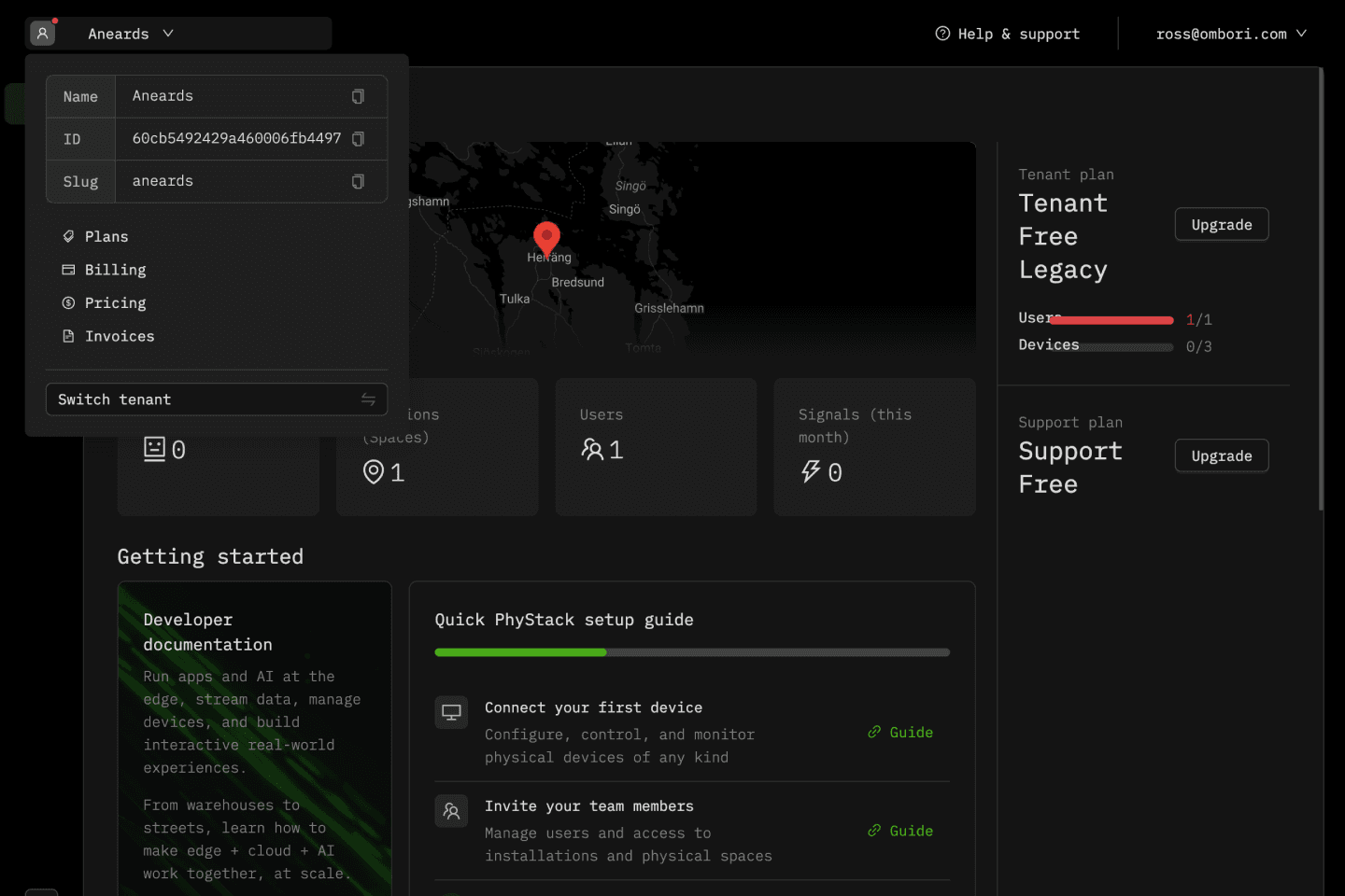 Tenant dropdown menu with billing options